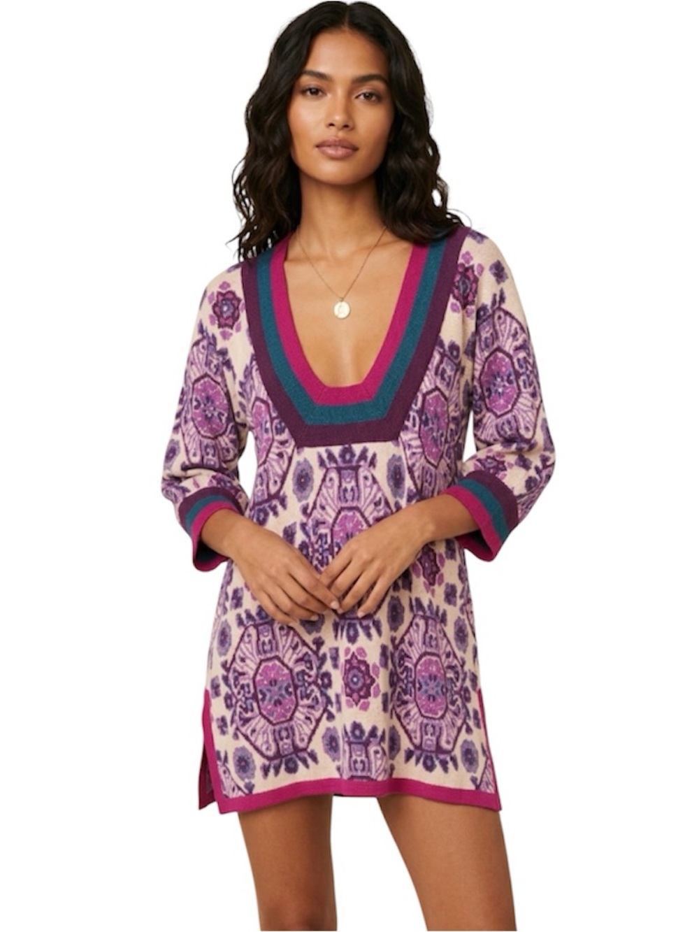 FREE PEOPLE Cashmere Wool Blend Tribal Print Tunic Sweater